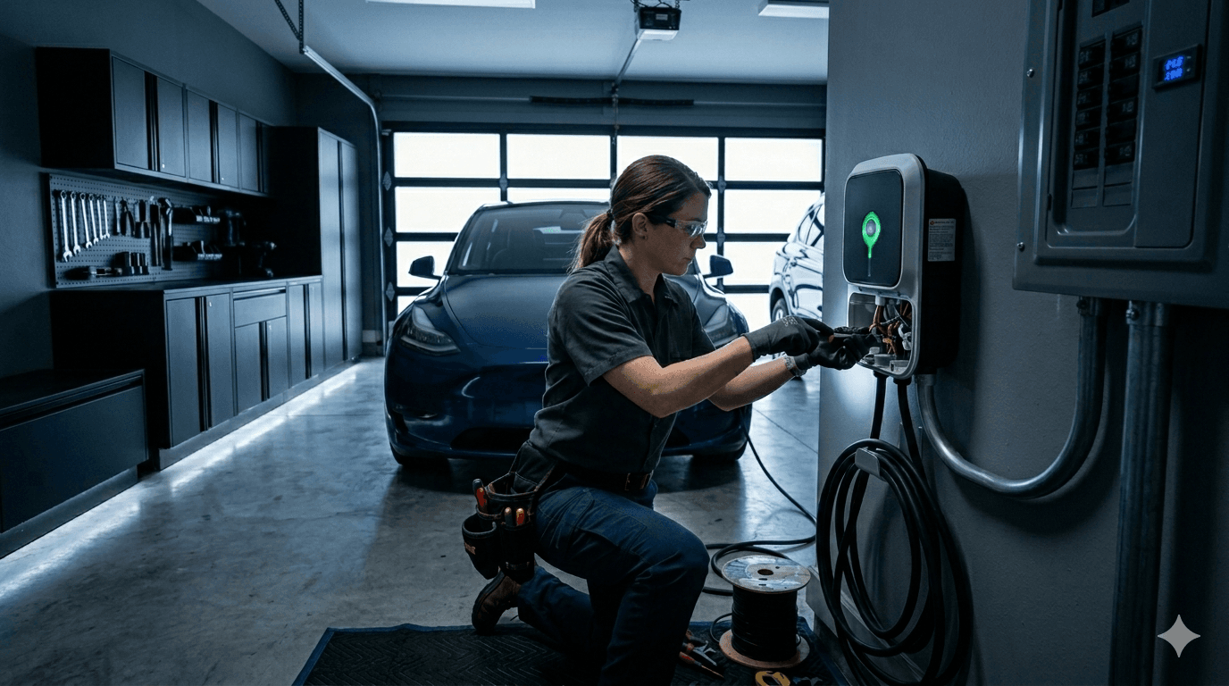 Electrician installing an EV charger in a garage