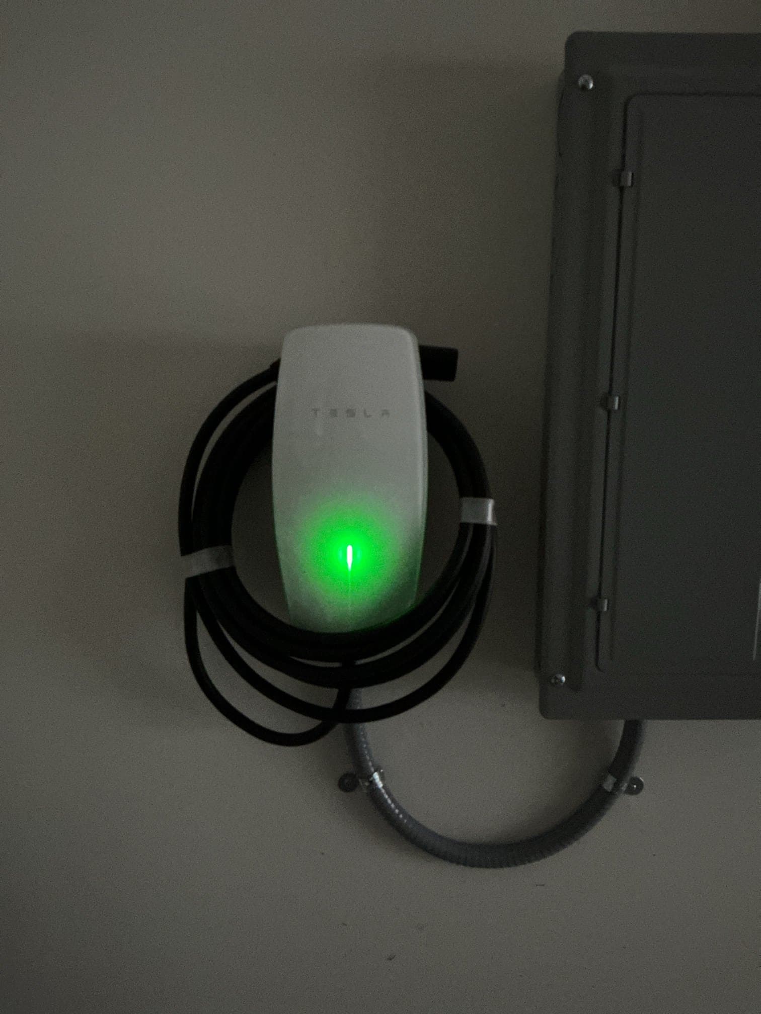 Tesla Wall Connector installed directly next to the electrical panel