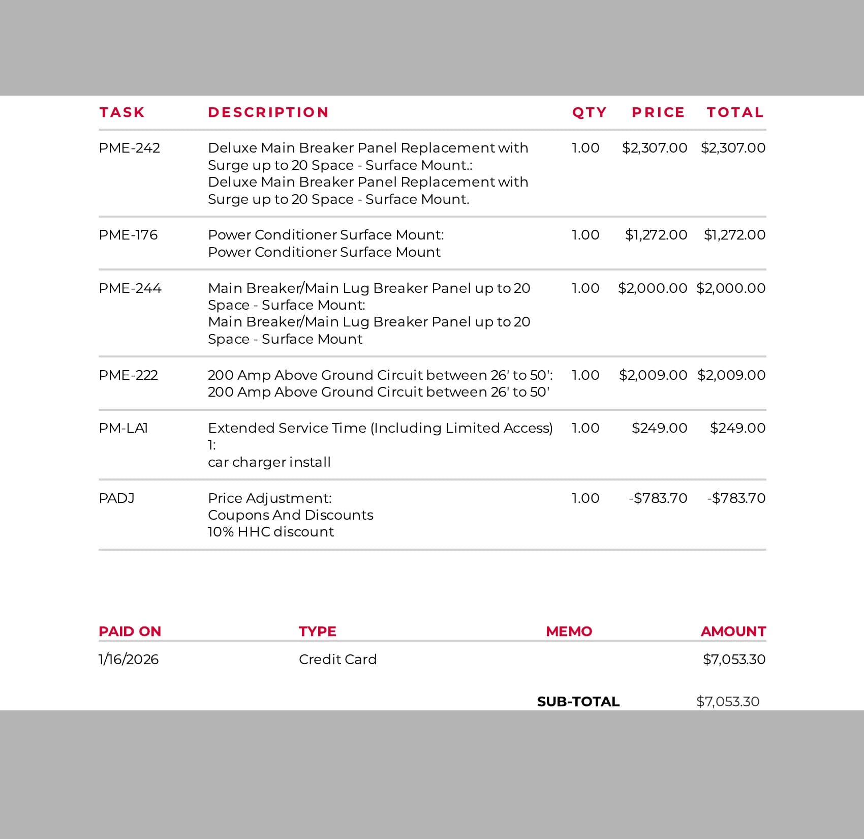 Redacted invoice showing $7,053.30 EV charger installation bill
