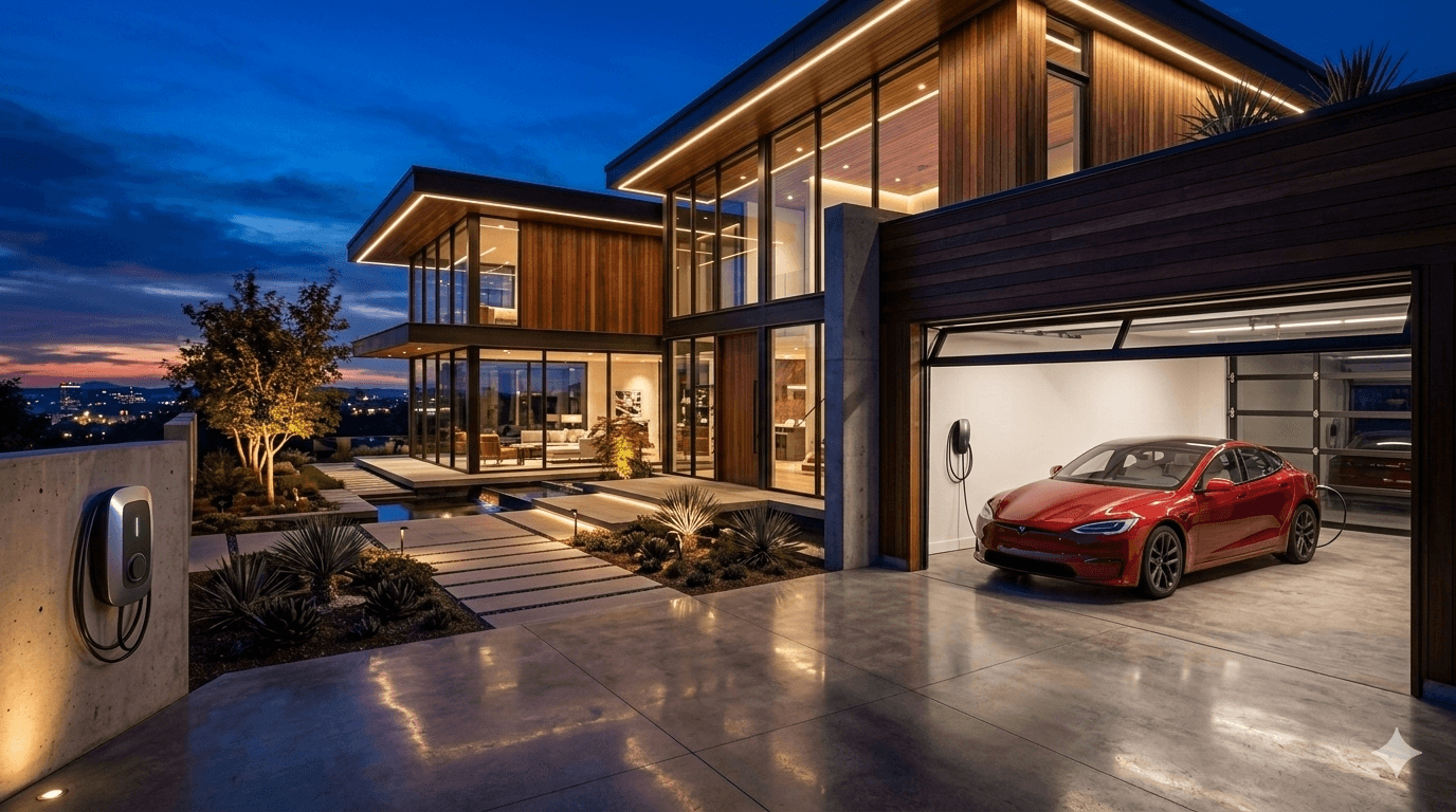 Modern home with EV charger installed in garage at night