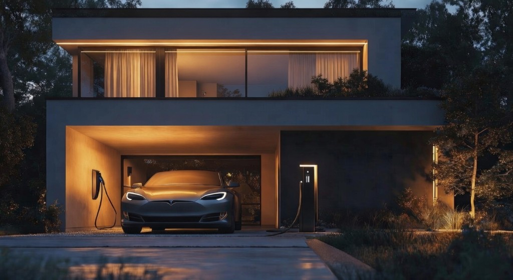 Modern home with EV charger installed in garage